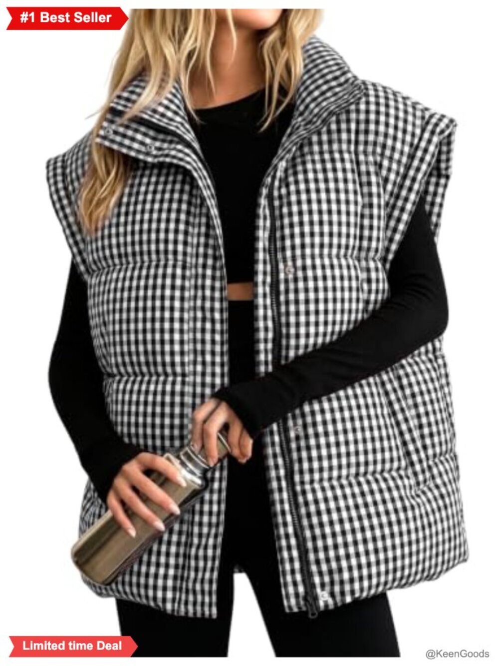 Oversized Gingham Puffer Vest Sleeveless Zip Jacket Women